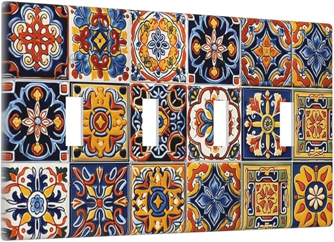 Mexican Talavera Tiles Flower Vintage Light Switch Covers Quad Toggle Electrical Faceplate 4 Gang Wall Plate Decorative Switch Plates Cover for Kitchen Bathroom Decor