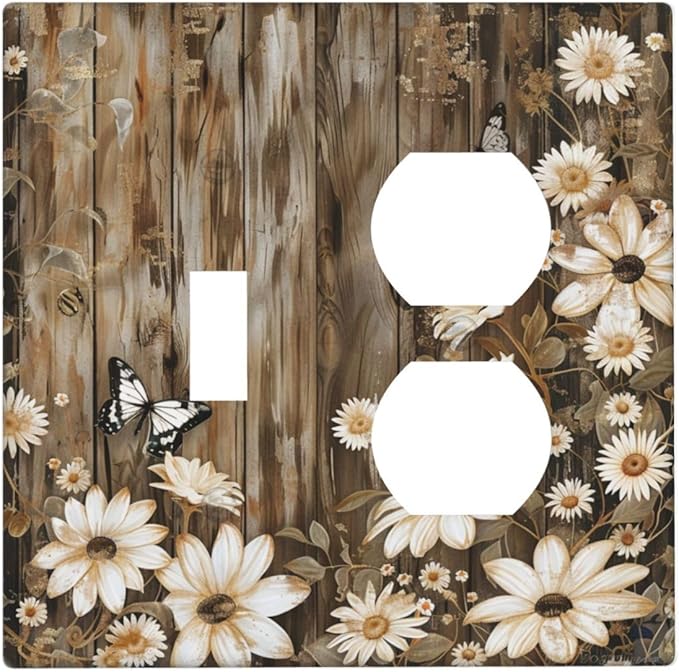 Light Switch Cover Plate Rustic Wood Butterflies Flowers Botanical 2 Gang Decorative Switch Plates 1 Toggle Duplex Combo Outlet Covers GFCI Wall Plates for Farmhouse Cabin Decor