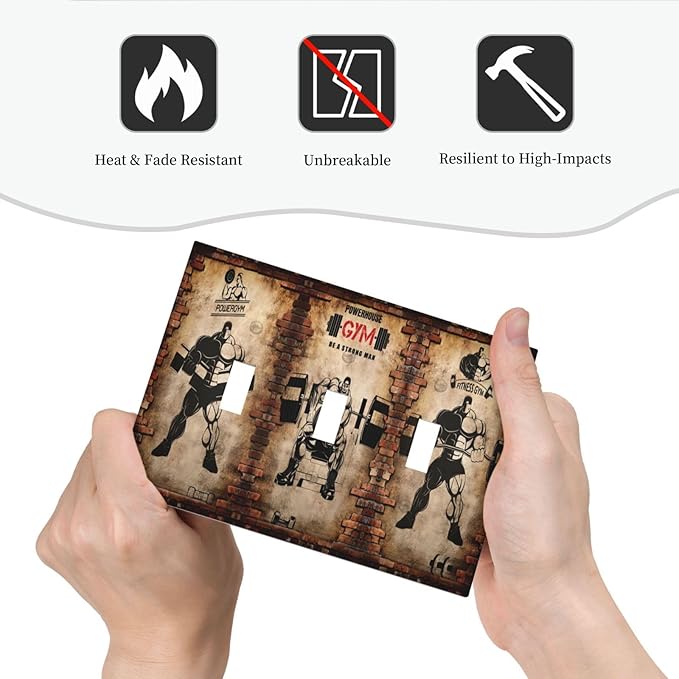 Vintage Gym Retro Brick Dumbbell Triple Toggle Wall Plates 3 Gang Light Switch Cover Decorative Electrical Switchplate Faceplate Dimmer for Bedroom Kidroom Bathroom Gyms Decor