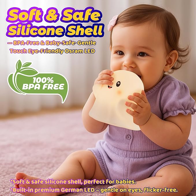 Cute Ghost Night Light for Kids, Rechargeable Silicone Bedside Night Light with Tap Control, Dimmable Nursery Decor Lamp, Fun Ghost Gift for Kids, Halloween Room Decor, Ghost Lamp