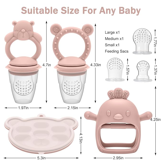 MISSLILI Baby Silicone Fruit Food Feeder Pacifier & Breastmilk Popsicle Freezer Molds,BPA Free Baby Food Storage Containers Frozen Ice Tray for Baby Feeding Safely, Infant Fruit Teething Toy (Pink)