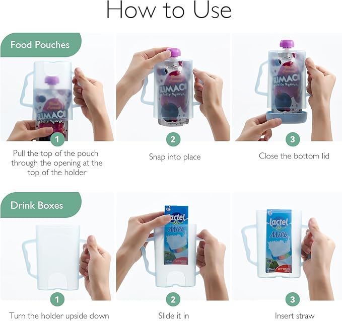 Momcozy Baby Pouch Holder No Squeeze, Baby Food & Juice Box Holder, Mess-Free, Easy Grip for Self-Feeding, BPA-Free & DEHP-Free, Must-Have for Babies, Blue (Pack of 2)