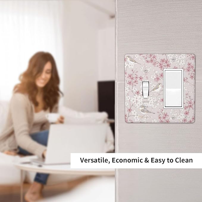 Pink Sakura Cherry Blossom Vintage Bird Floral Flower Outlet Covers 1 Toggle 1 Rocker Combination Decorative Wall Plate Electrical Switch Plates Light Switch Cover Plate for Bedroom Living Room Decor
