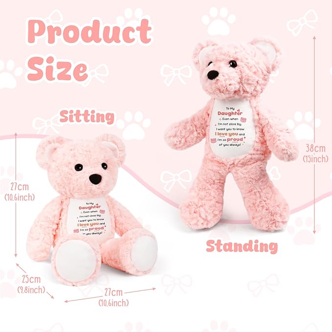 to My Daughter Teddy Bear Plush Toy, Daughter Gifts from Mom Dad, Soft Stuffed Animal with Positive Affirmation Message, Mothers Day Birthday Graduation Gifts for Daughter Women Kids 15" (Pink Curly)