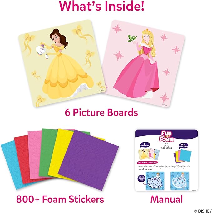 Skillmatics Foam Sticker Art – Disney Princess, 800+ 3D Foam Stickers, Mess-Free Fun for Kids, DIY Felt Craft Kits, Gifts for Fans of Cinderella, Belle, Rapunzel, Ages 3, 4, 5, 6, 7