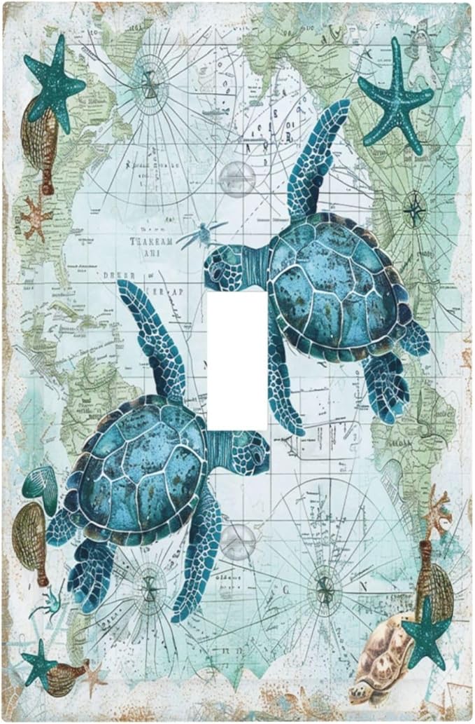 Decorative Light Switch Cover Nautical Green Sea Turtles Beach Blue Ocean 1 Gang Single Toggle Device Electrical Faceplate Switchplates Decorator Outlet Wall Plate For Bathroom Kids Room