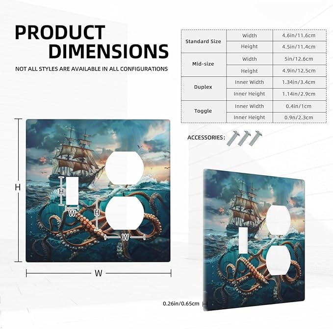 Light Switch Cover Plate Sailboat Ship Octopus Ocean Sea Waves 2 Gang Decorative Switch Plates 1 Toggle Duplex Combo Outlet Covers GFCI Wall Plates for Bathroom Bedroom Decor