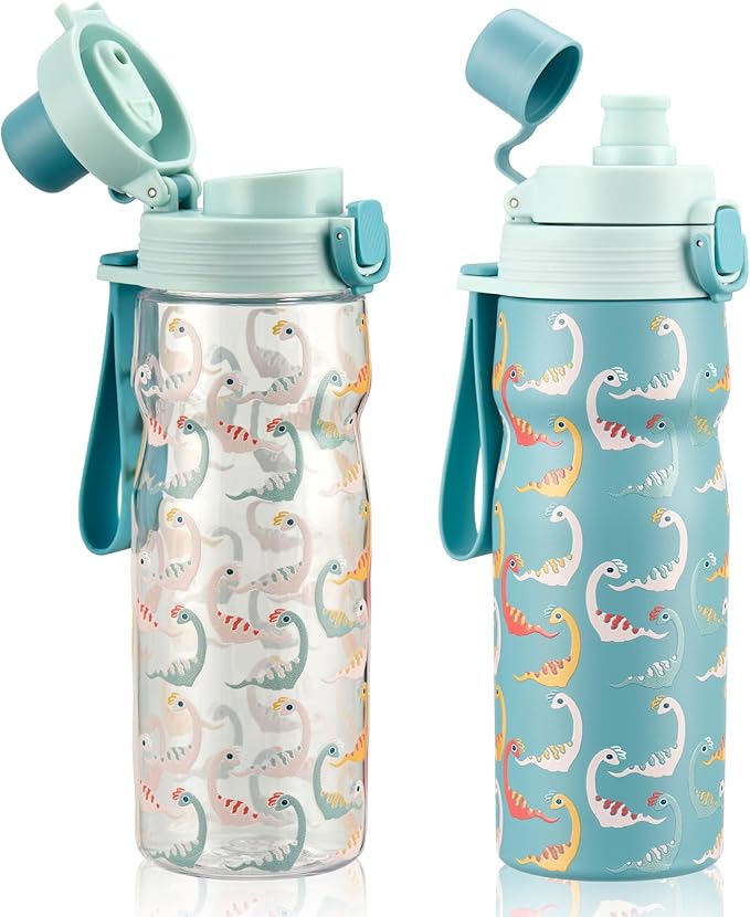 PIQUEBAR Kids insulated Water Bottle 17oz & Sport Water Bottle 24oz Set, Stainless Steel Metal Vacuum Water Bottles, Leakproof Tritan Sport Water Bottles for School Boys Girls, Blue Dinosaur