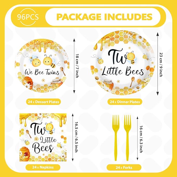 96Pcs Two Little Bees Party Supplies Bumble Bee Twins Theme Plates and Napkins Tableware Sets We Bee Twins Party Decorations for Bees Twins Baby Shower 2nd Birthday Decorations Serves 24