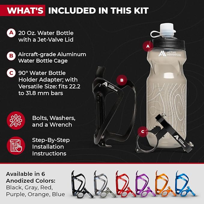 Bike Water Bottle Holder Combo - 20 Oz Squeeze Bottle & Bicycle Mount Cage Rack, No Screws Needed, Durable Alloy - Fits All Handlebar Bikes & MTB Mountain Road - for Adults, Kids (Black)
