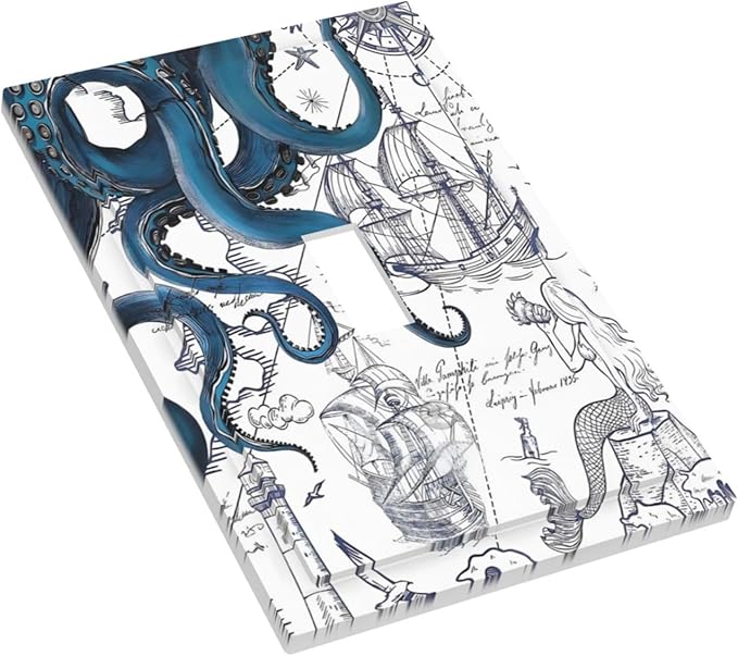Nautical Vintage Map Octopus Mermaid Lighthouse Boat Decorative Light Switch Cover 1 Gang Single Toggle Device Electrical Faceplate Switchplates Decorator Outlet Wall Plate for Bathroom Kids Room