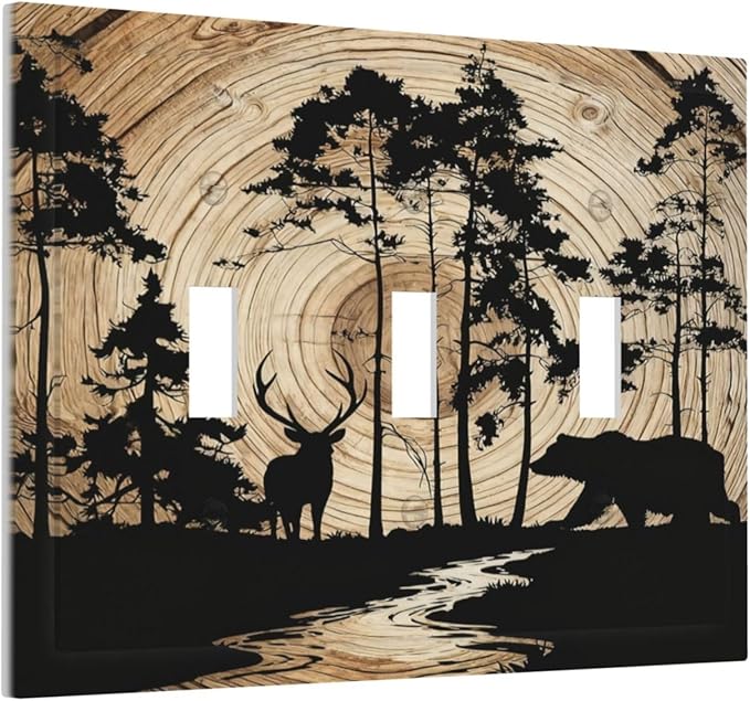 Rustic Forest Antler Black Bear Deer Silhouettes Decorative Switch Plates 3 Gang Wall Plate Triple Toggle Light Switch Cover Faceplate Electrical Wall Panels for Farmhouse Home Decor