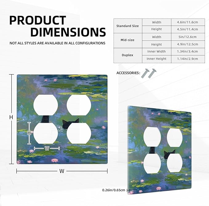 Decorative Light Switch Cover Plate Cute Black Cat Water Lily Pond Watercolor 2 Gang Decorative Switch Plates 1 Toggle Duplex Combo Outlet Covers GFCI Plug Covers Wallplates for Kids Room Nursery