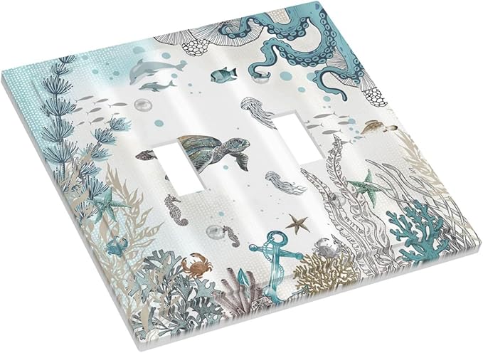 Sea Turtle Octopus Ocean Underwater Animal Double Toggle Light Switch Covers Decorative Unique 2 Gang Wall Plate Dual Electrical Faceplate Switchplate for Kitchen Bathroom Bedroom Decor