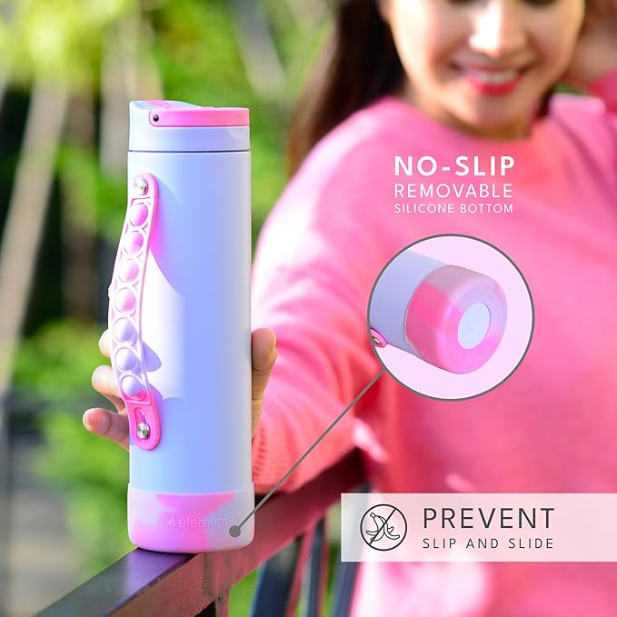 Elemental Iconic Kids Water Bottle for School - 100% Leak-Proof Insulated Water Bottles with Straw Lid & Pop-It Handle for Boys & Girls - Triple-Wall Insulated & BPA-Free, 20oz – Lilac Tie Dye