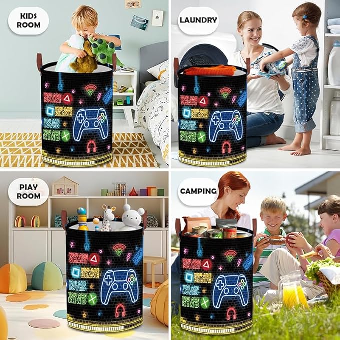 Gaming Laundry Basket,Gamer Decor for Boys Bedroom,Collapsible Neon Color Gamer Nursery Hamper,Waterproof Clothes Towel Toy Book Storage Bin for Dorm Nursery Bathroom(Round)