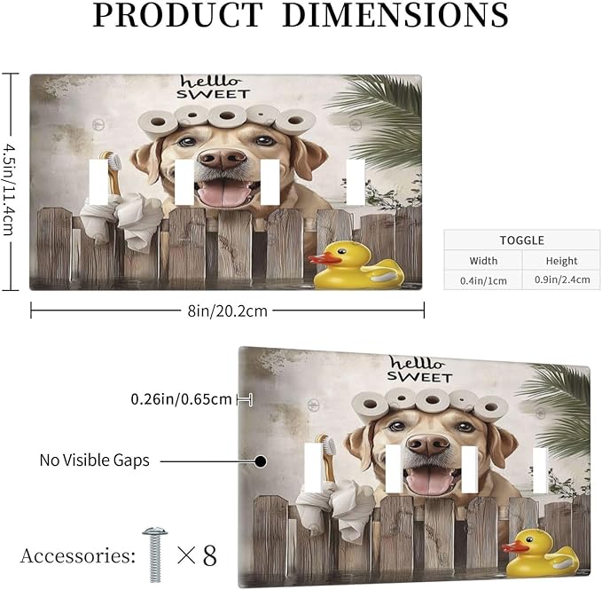 Funny Dog Rustic Farmhouse Wooden Fence Labrador Light Switch Covers Quad Toggle Electrical Faceplate 4 Gang Wall Plate Decorative Switch Plates For Kids Room Bathroom Decor