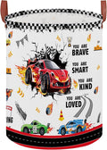 Race Car Room Decor Laundry Basket,Waterproof Car Themed Storage Bins for Boys,Collapsible Kids Nursery Hamper with Race Car Parking Sign(Round)