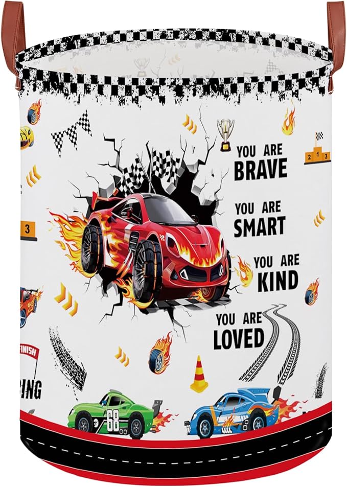 Race Car Room Decor Laundry Basket,Waterproof Car Themed Storage Bins for Boys,Collapsible Kids Nursery Hamper with Race Car Parking Sign(Round)