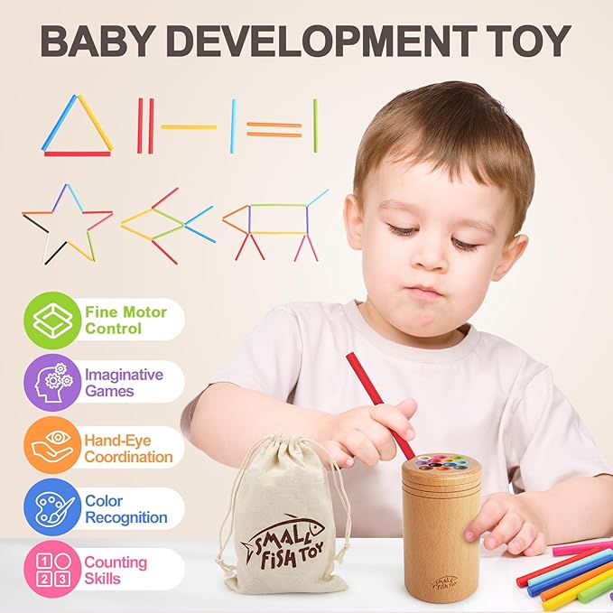 SMALL FISH Montessori Toys for 1 2 3 Year Old：Solid Wood Fine Motor Object Permanence Box for One Two Year Old Baby, Fidget Sensory Toys for Toddlers 1-3, Color Sorting Cause and Effect 12 Month Toys