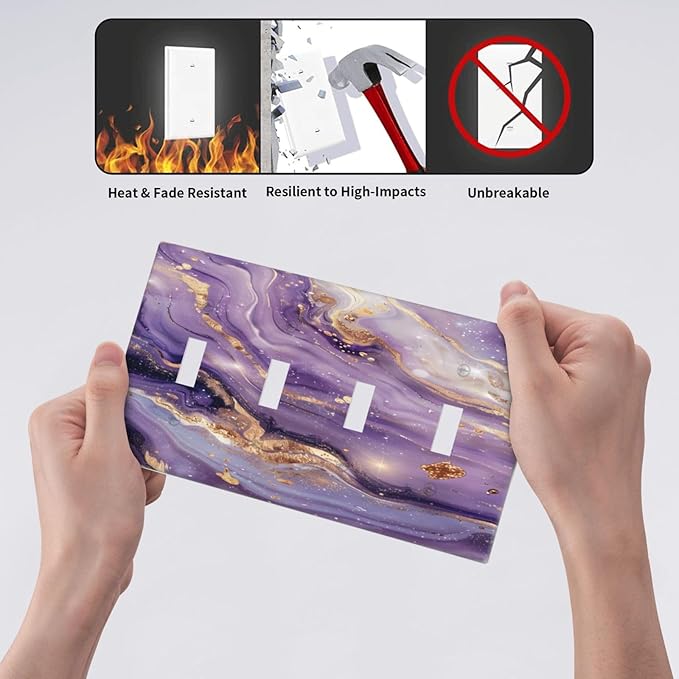 Luxury Marble Texture Purple And Gold Abstract Print Light Switch Covers Quad Toggle Electrical Faceplate 4 Gang Wall Plate Decorative Switch Plates Cover for Bathroom Home Decor