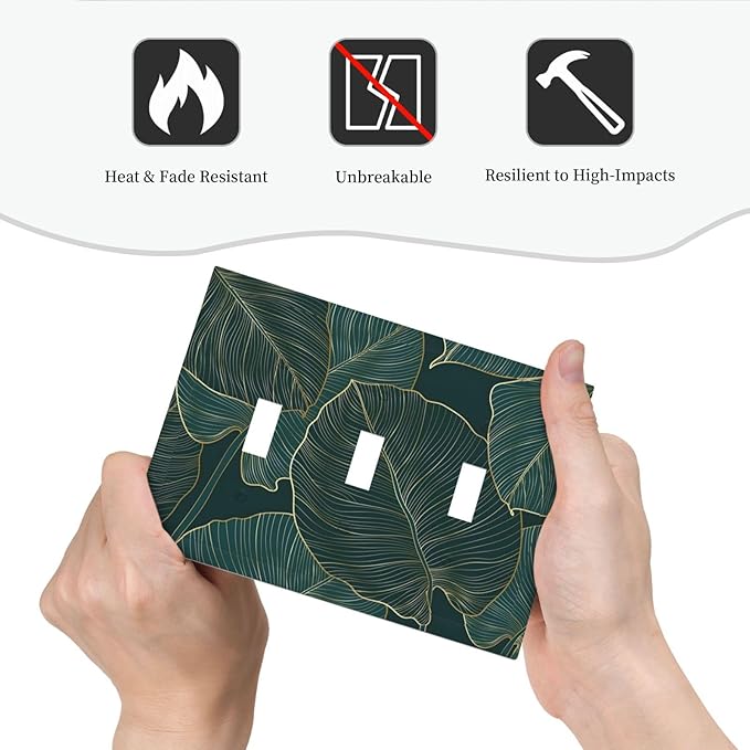 Gold Tropical Green Botanical Palm Leaves Decorative Switch Plates 3 Gang Wall Plate Triple Toggle Light Switch Cover Faceplate Electrical Wall Panels for Bedroom Living Room Decor