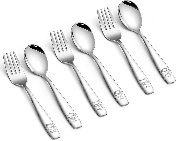 LIANYU Stainless Steel Toddler Utensils Set, 6 Pieces Kids Silverware Set with Small 3 Forks and 3 Spoons, Children Safe Flatware Cutlery for Self-Feeding, Food Grade & Cute Pattern, Dishwasher Safe