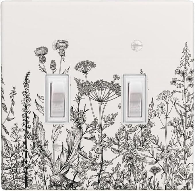 Gray Vintage Floral 2-Gang Double Toggle Switch Plate, Neutral Cottage Garden Retro Wildflower Wall Plate for Home, Bedroom, Sunroom & Bathroom