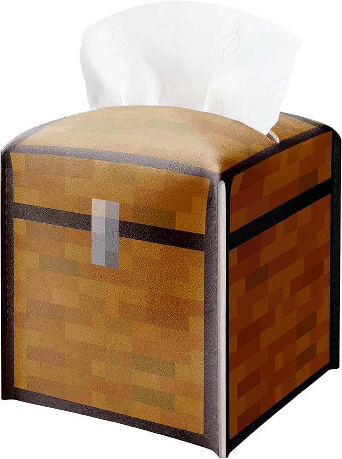 Tissue Box Cover Holder, Treasure Chest Pixel Leather Tissue Box Cover Square, Paper Napkins Everyday Dispenser for Bathroom Night Stands Kitchen Office Home Pixel Theme Decor