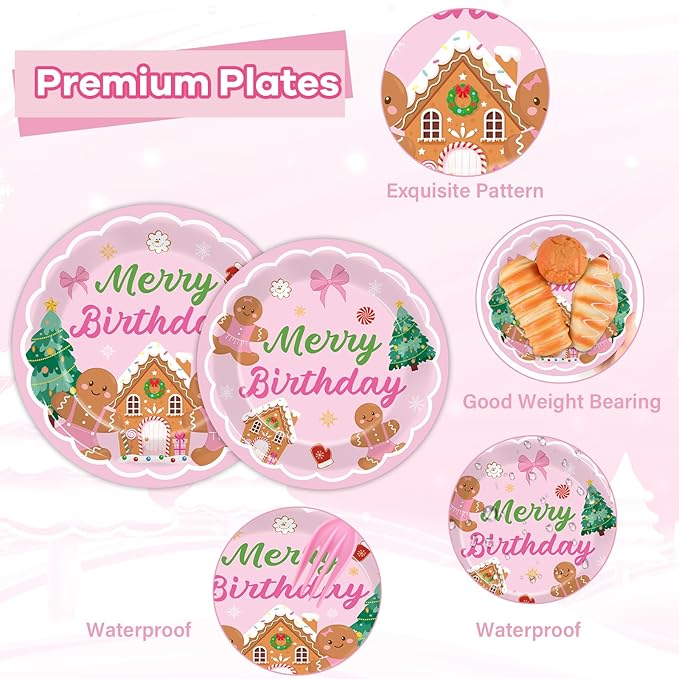 96 Pcs Gingerbread Birthday Party Plates Napkins Tableware Set Pink Christmas Party Supplies Disposable Dinnerware Merry Birthday Decoration Favors for Winter Xmas Baby Shower Holiday, 24 Guests