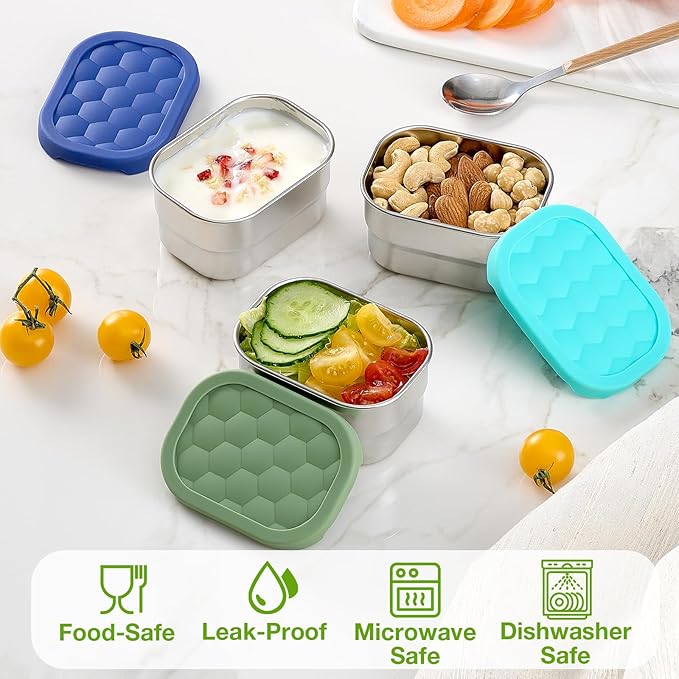 Gencywe 3 Pack Stainless Steel Snack Containers for Kids, 8 oz Easy Open Leak Proof Small Toddler Snack Containers with Silicone Lids, Stackable Metal Lunch Box for Daycare and School (Blue)