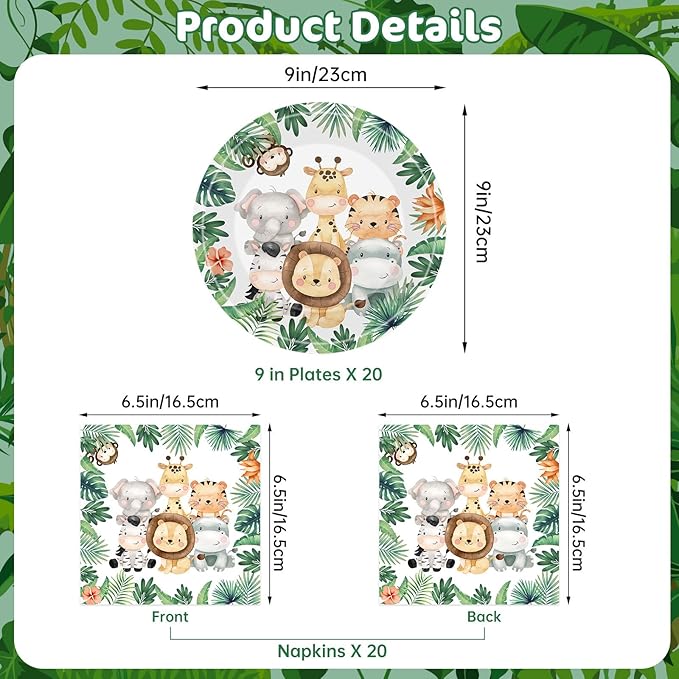 40 Pcs Jungle Animals Party Decorations - Safari Animal Plates and Napkins, Wild Animals Paper Plates Napkins Disposable Tableware Set for Baby Shower Zoo Birthday Party Supplies Favors, Serves 20