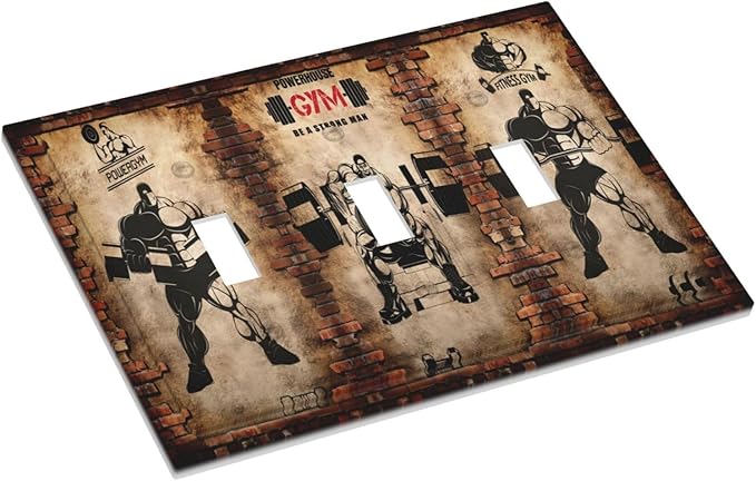 Vintage Gym Retro Brick Dumbbell Triple Toggle Wall Plates 3 Gang Light Switch Cover Decorative Electrical Switchplate Faceplate Dimmer for Bedroom Kidroom Bathroom Gyms Decor