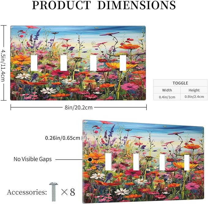 Colorful Wildflowers Painting Floral Flower Light Switch Covers Quad Toggle Electrical Faceplate 4 Gang Wall Plate Decorative Switch Plates Cover for Bedroom Living Room Decor
