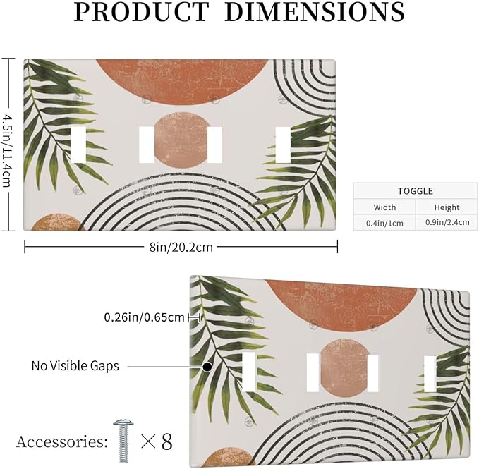 Beautiful Boho Mid Century Large Archs Sun Leaves Plants Light Switch Covers Quad Toggle Electrical Faceplate 4 Gang Wall Plate Decorative Switch Plates Cover for Bedroom Living Room Decor
