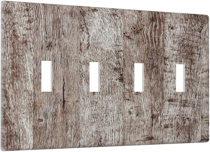Light Switch Cover Plate Rustic Wood Grey Brown Vintage Wooden Plank 4 Gang Quad Toggle Decorative Switch Plates Wall Panels Electrical Wall Plates Faceplate for Farmhouse Home Decor