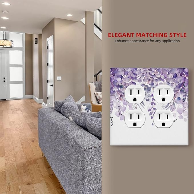 Purple Plants Leaves Eucalyptus Vine Floral Flowers Outlet Covers 2 Gang Double Duplex Decorative Light Switch Covers Electrical Wallplates Socket Faceplate for Bedroom Living Room Decor