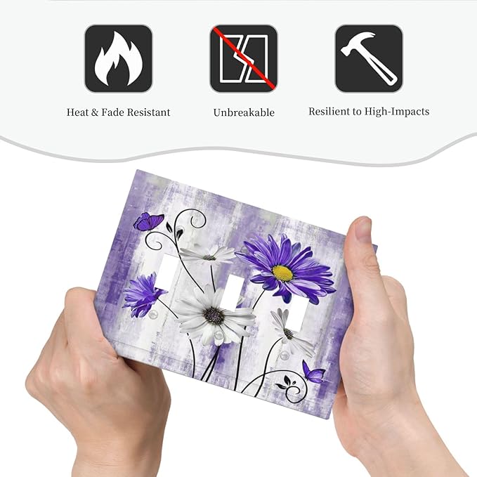 Decorative Light Switch Cover Plate Rustic Purple Daisy Butterfly Boho White Floral 3 Gang Wall Plate Switch Plate Covers Triple Toggle Jumbo Electrical Faceplate for Country Home Decor