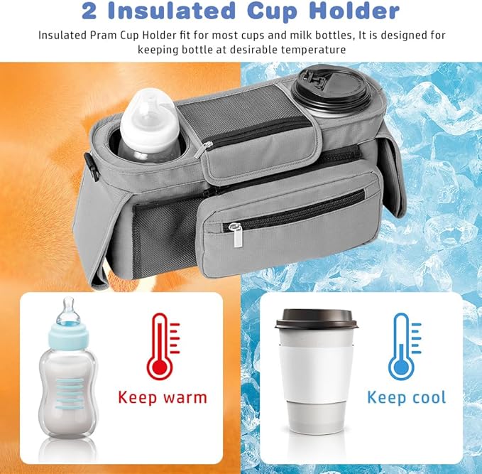 Baby Stroller Organizer, Universal Stroller Organizer with Detachable Phone Bag, Stroller Caddy with 2 Insulated Cup Holders, Buggy Organizer Bag with 2 Hooks Fits Most Strollers (Grey)