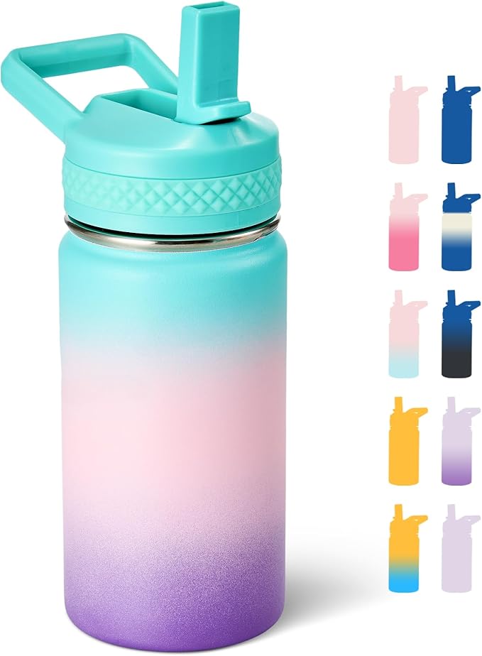 Fijinhom 12 oz Kids Water Bottle, Toddler Water Bottle with Straw, Boys&Girls Bottle for School, 304 Stainless Steel Vacuum Insulated Bottle for Kids, BPA-Free, Leak-Proof, Aurora