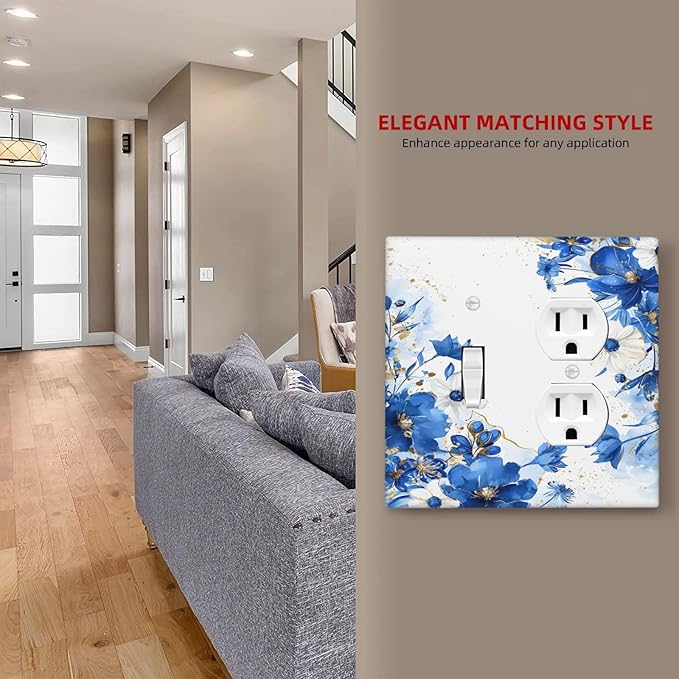 Klein Blue Flowers Watercolor Golden White Floral Wallplates 1 Toggle 1 Duplex Switch Plate Electrical GFCI Faceplate Decorative Light Switch Covers for Bedroom Living Room Decor