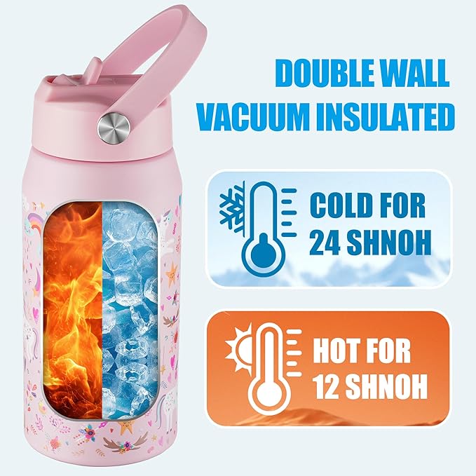 OLDLEY kids Water Bottle - 18oz Insulated Stainless Steel - Wide Straw Lid, Non Spill, Leakproof, Kids Water Bottle for School,Unicorn