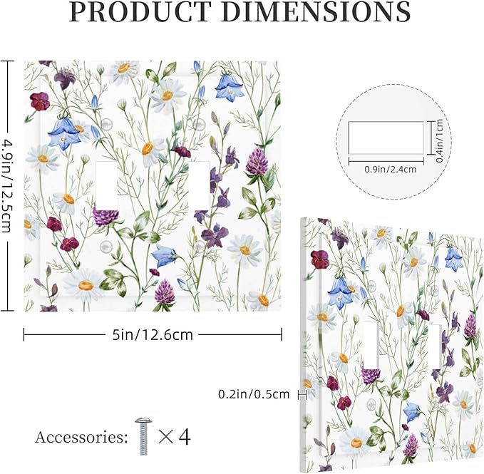 Floral Boho Multicolor Flower Plant Leaves Decorative Switch Plates 2 Gang Double Toggle Outlet Light Switch Cover Wall Plate Electrical Faceplate for Bedroom Living Room Decor