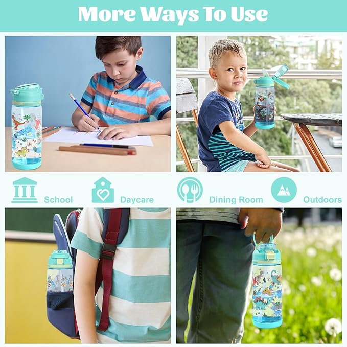 decalsweet Kids Water Bottle 20oz Durable Leak-Proof Plastic Water Cup for Kids Toddlers,With Straw Handle and Pop-Up Spout Cover,Safe for School Sports Daycare Travel & Camp Pack of 2