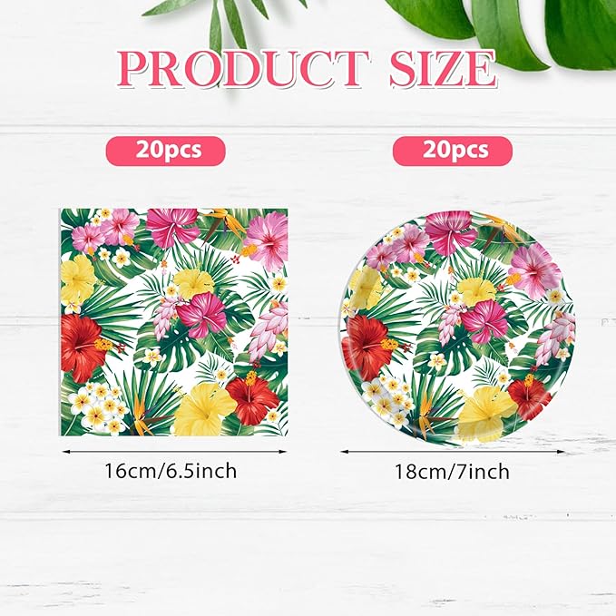 40PCS Hawaiian Luau Party Decoration, Luau Decoration Aloha Tropical Palm Leaves Tableware Supplies Hawaii Disposable Plates, Napkins, Party Supplies for Birthday Summer Kid