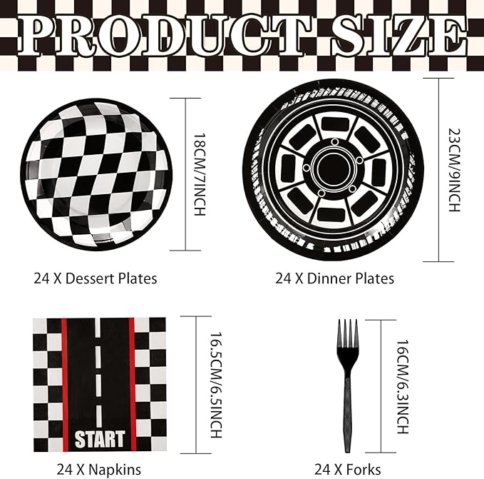 Grencian 96Pcs Race Car Party Decorations Race Car Plates and Napkins Disposable Racing Themed Paper Plates Tableware Set for Boys Kids Birthday Baby Shower Party Supplies, Serve 24