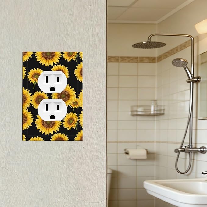 Sunflower Fields Duplex Wall Plate - 1-Gang Standard US Size Vibrant Sunflower on Black Outlet Covers, Boho Sunny Garden for Bedroom Decor