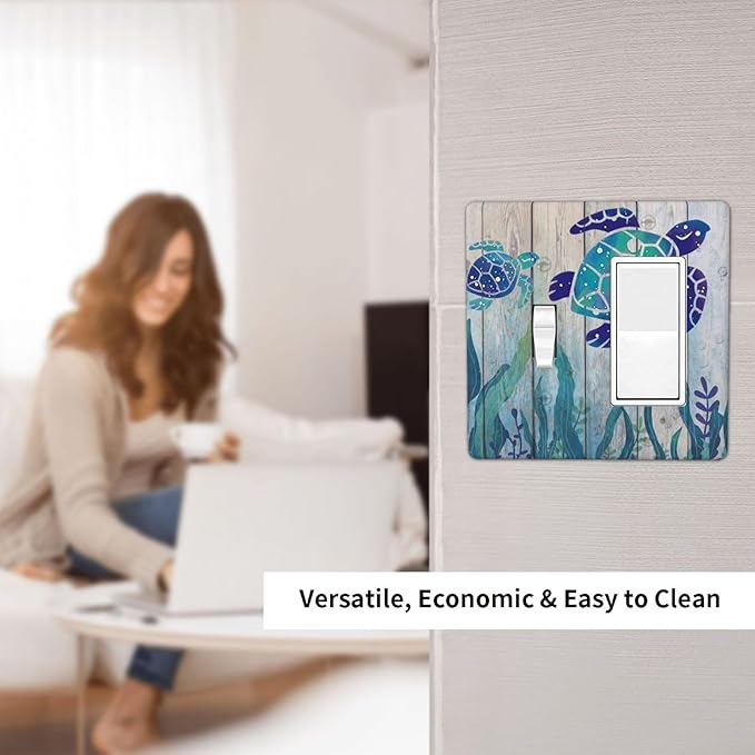 Sea Turtle Grass Seaweed on Rustic Wooden Board 2 Gang Light Switch Cover Decorative Combination Wall Plate Ocean Grass Seaweed Single Toggle Rocker Electrical Faceplate for Kitchen Home Decor