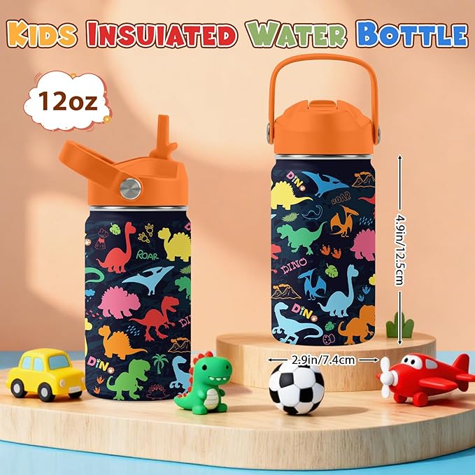 Dinosaur Gifts for Boys, 12oz Colorful Dino Water Bottle with Straw Lid, BPA-Free, Leakproof Stainless Steel Insulated Bottle for Boys & Girls, School, Travel - Dino Lovers Birthday Gift Cup (1pc)
