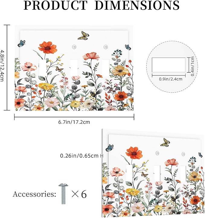 Colorful Butterfly Blossom Flower Floral 3 Gang Light Switch Plate Decorative Triple Toggle Wall Plate Cover Electrical Faceplate Switch Face Plate